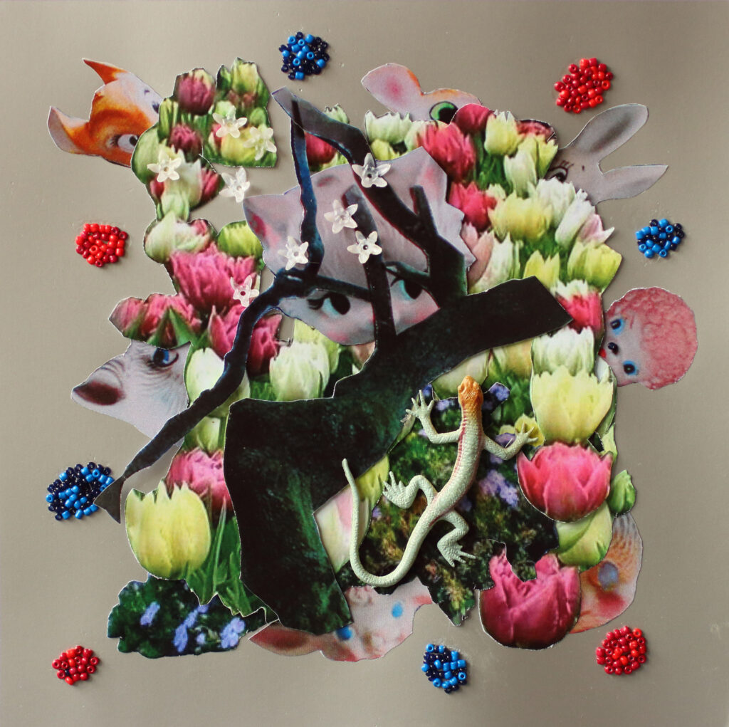 Kralentuin - 20 x 20 cm - collage - mixed media